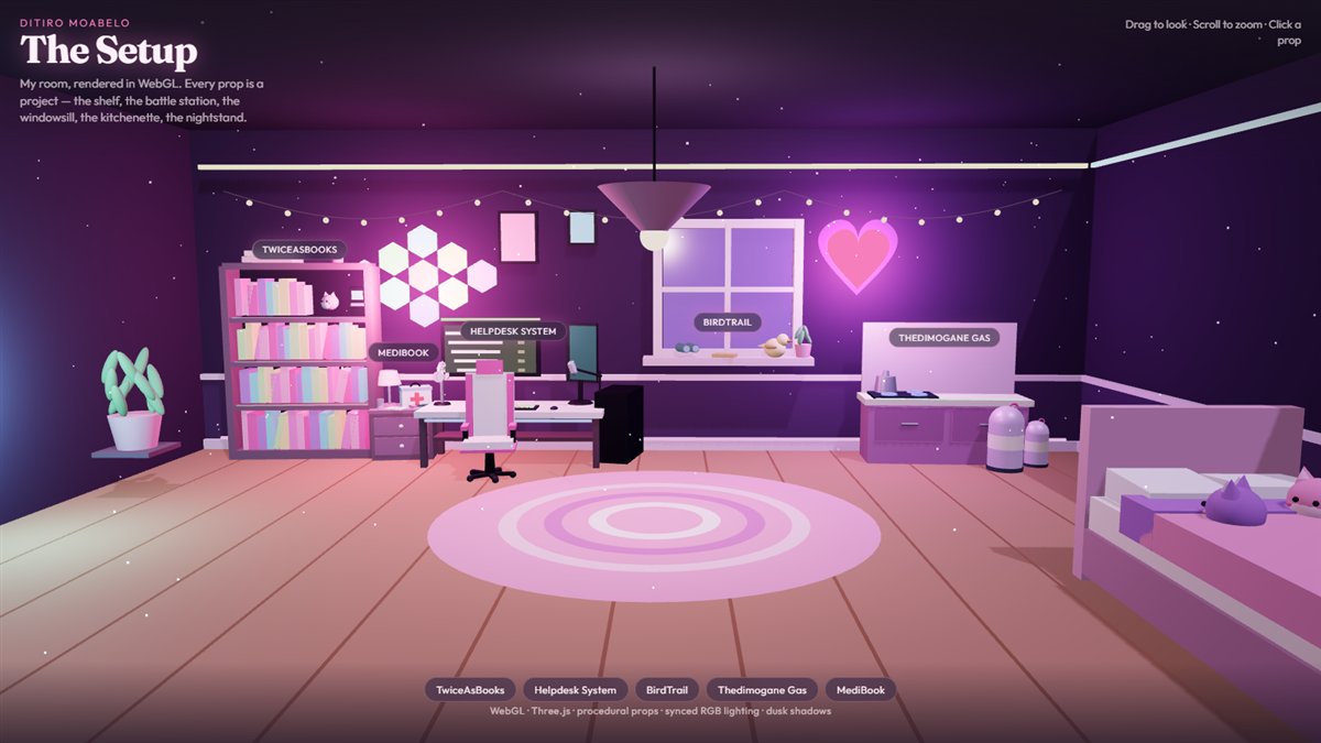 The Setup: a WebGL gamer bedroom with an RGB bookshelf, gaming desk, neon heart and glowing props